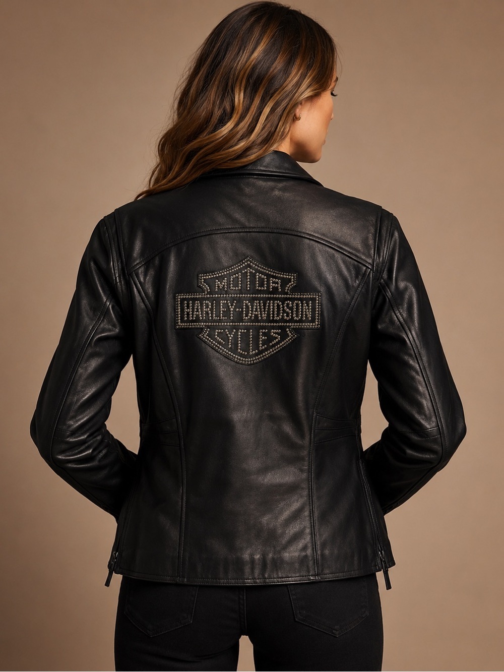 Harley-Davidson Women's Genuine Leather Studded Logo Motorcycle Jacket Black L